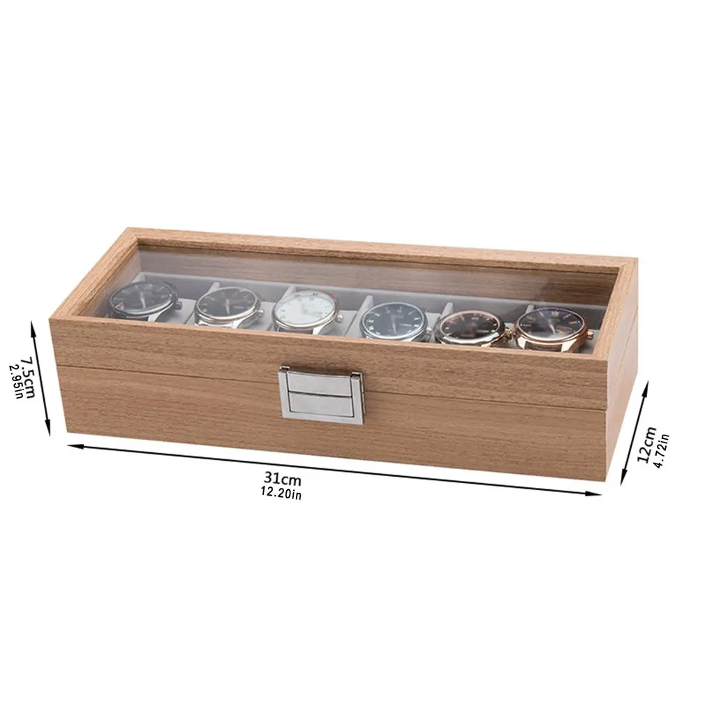 

31*12*7.5cmWatch Storage Box Vintage Style Wooden Watch Box Case Organizer Display Men Women 6Slots Wood With Clear Glass Top