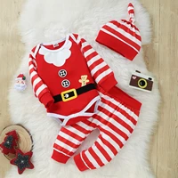 new 2021 babies christmas three piece clothes set stripe printed pattern long sleeve romper pants and cap green red 0 18m