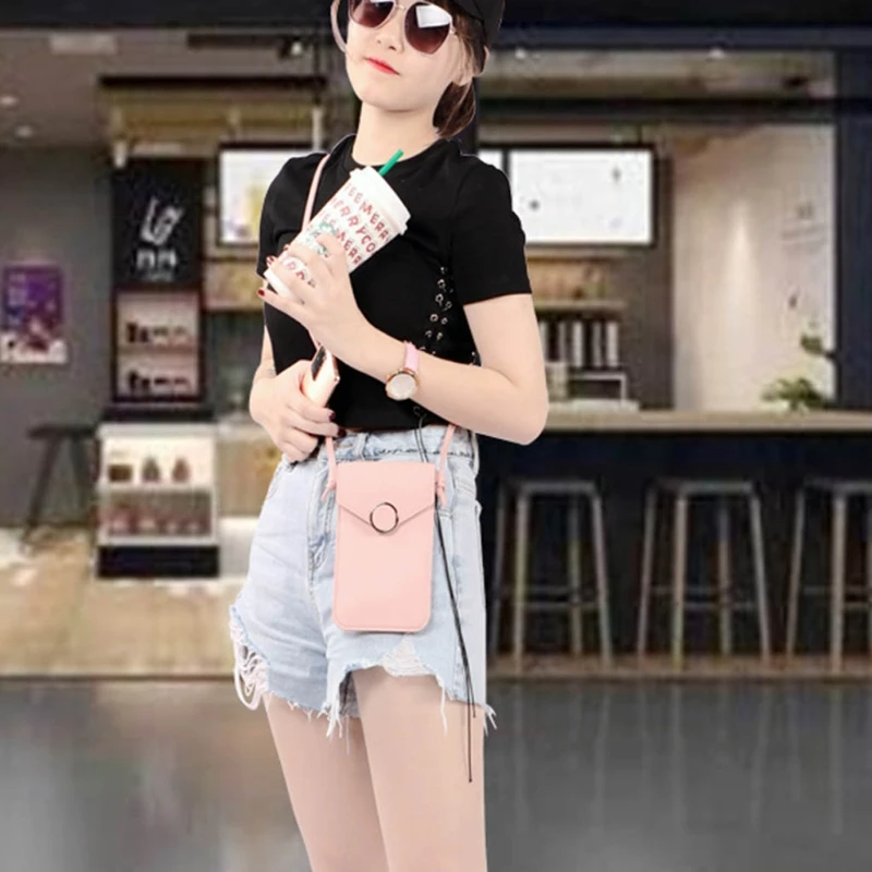 

Mini Crossbody Cell Phone Pouch Purse PU Leather Shoulder Bag with Touch Screen Window