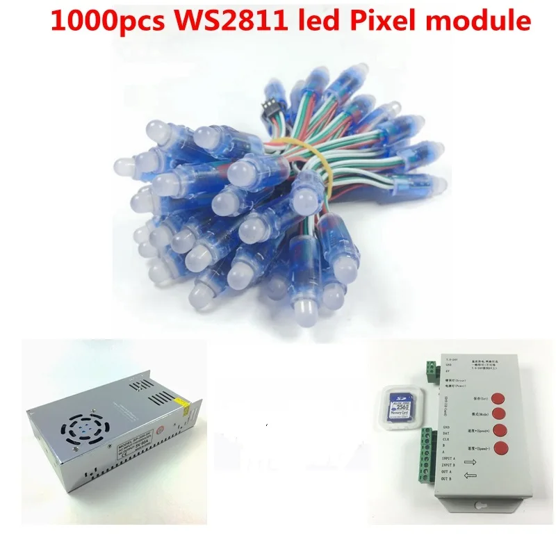 

1000 шт. WS2811 модуль светодиодных пикселей 12 мм IP68 RGB рассеянный адресуемый для буквенного знака DC5V + T1000S контроллер + 5 В 60A адаптер питания