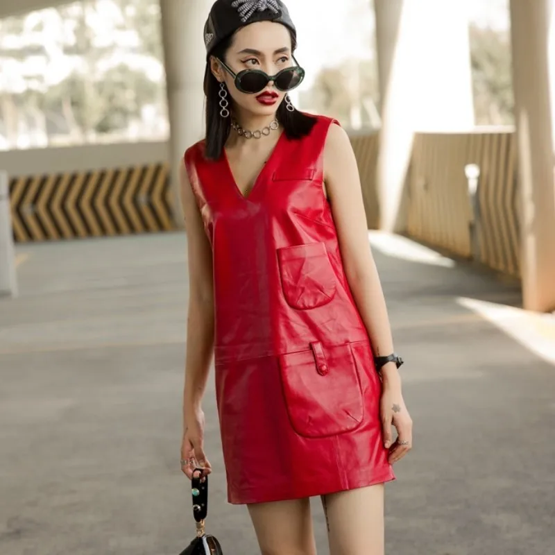 Женское однотонное платье из натуральной овечьей кожи элегантное роскошное