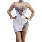 Белая, с рисунком, с глубоким v-образным вырезом Перспектива Стразы Платье женское платье без рукавов с украшением в виде кристаллов вечерние облегающее платье Клубное платье для выпускного вечера для латинских танцев сексуальное платье