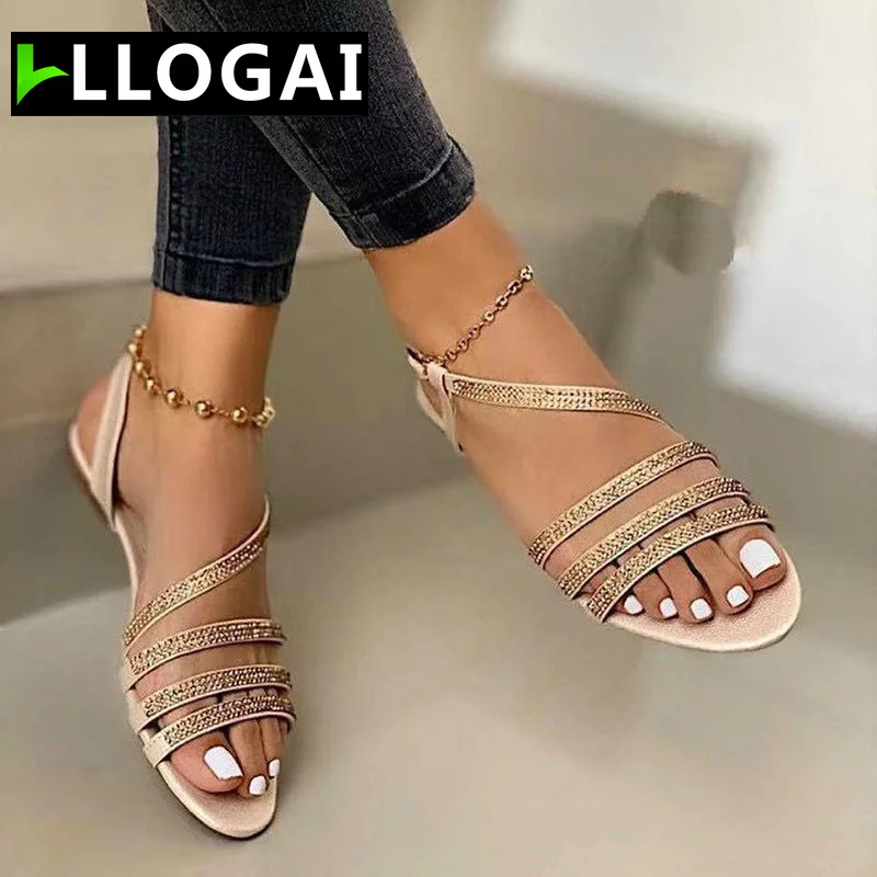

fashion Women's Sandals Casual Ladies Flat Shoes Rhinestones Bling Summer Comfort Cross Slip on Woman Sandalias Female Footwear