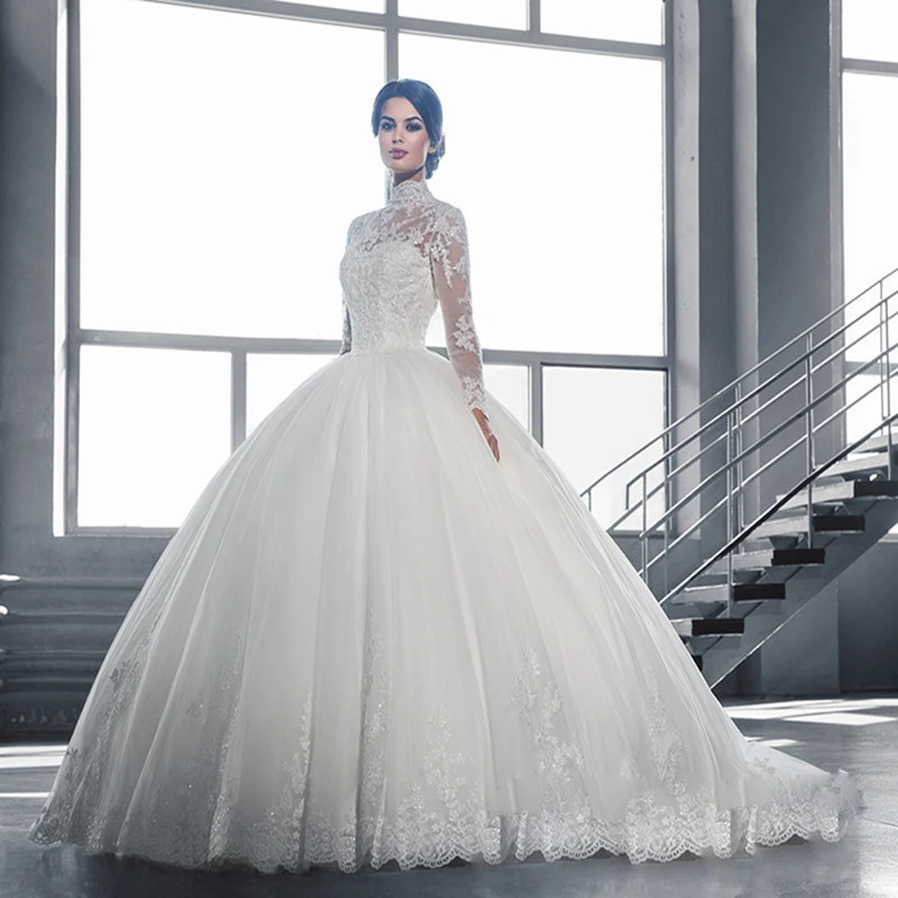 

High Collar Elegant Princess Wedding Dress Long Sleeves Appliques Buttons Back Celebrity Ball Gown vestido De Noiva