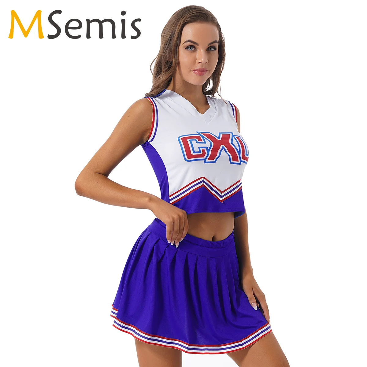 

Women Charming Cheerleader Costume Sleeveless Letter Printing Crop Top with Mini Pleated Skirt Ladies Cheerleading Sexy Cosplay