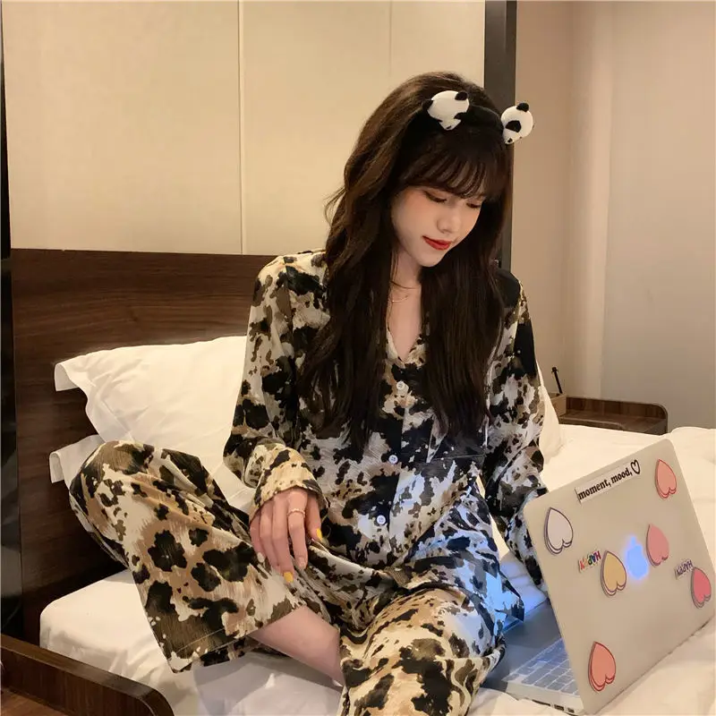 QWEEK Womens Pajamas Spring Autumn Loungewear Two Piece Set Ink Painting Printing Bedroom Set Pijamas Pyjamas Sleepwear Fashion