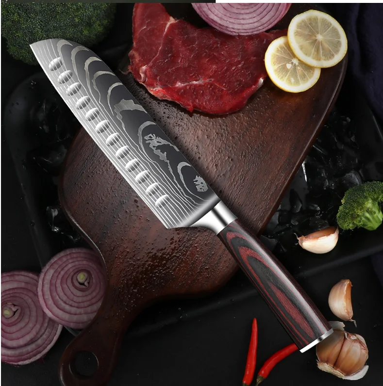 Нож шеф-повара с лазерным Дамасским узором острый нож сантоку нож-Кливер для