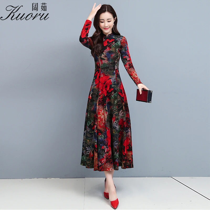 

Autumn Largos Red Lace Vintage Dress Green Long Sleeve Casual Robe Spring Floreale Size M-4XL Midi Dresses For Women Party