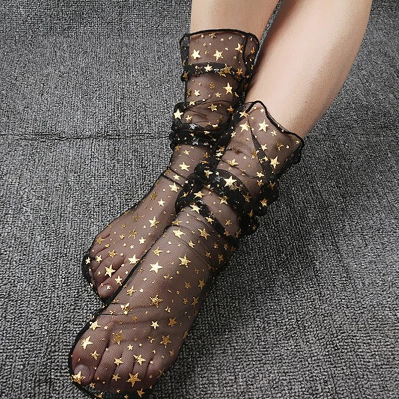 Женские носки на весну и лето новинка сверкающие золотые серебряные со звездами