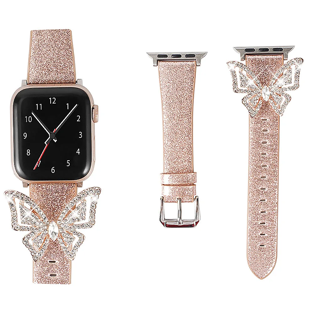 Блестящий кожаный ремешок с бабочкой для Apple Watch Band Series 1 2 3 4 5 6 SE браслет со