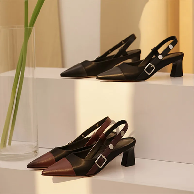 

Women Sandals Elegant Fashion Buckle Mixed Colors Genuine Leather Shoes Pointed Toe Stiletto High Heels Mature Singback Pumps