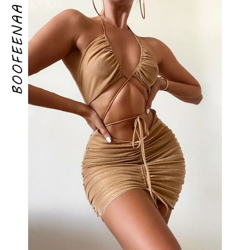 

Сексуальное платье BOOFEENAA для ночного клуба на день рождения, женские Короткие вечерние платья с открытой спиной и кулиской, блестящая одежд...