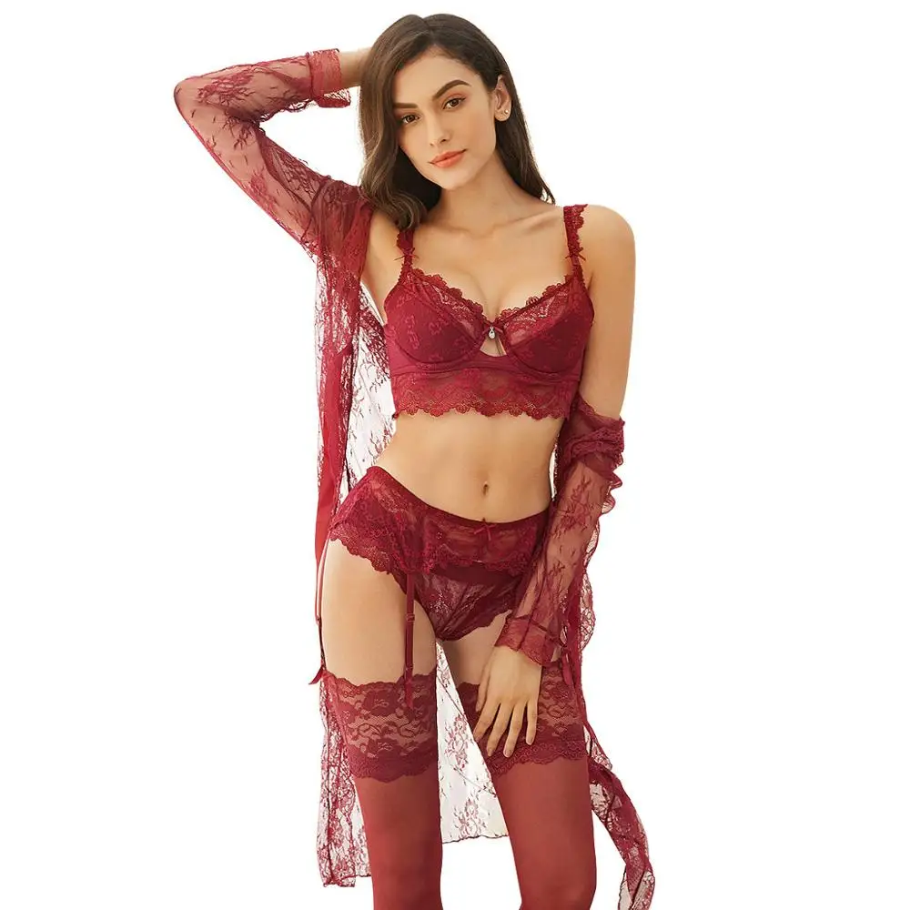 Sexy Lace Underwear Set Robe+Bra+ Panties+ Stockings +Y-line Straps + thong + garter 7 Piece For Lady