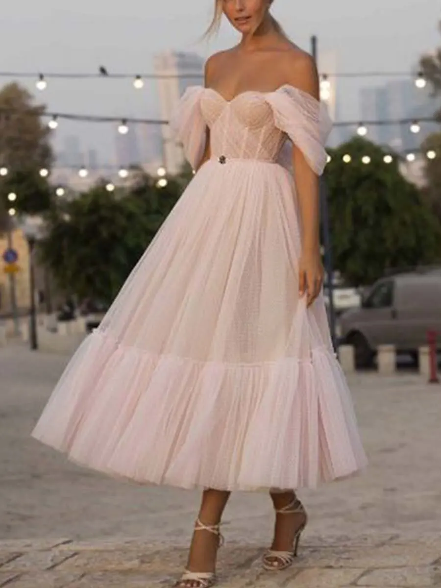 

2021 off shoulder sexy Strapless Tulle party Pleated Dress Prom Dress Lace Long Sleeve Strapless solid Chiffon summer dress