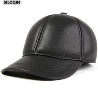 siloqin genuine leather hat for mens fashion thermal sheepskin trend baseball cap adjustable size earmuffs warm winter hats new