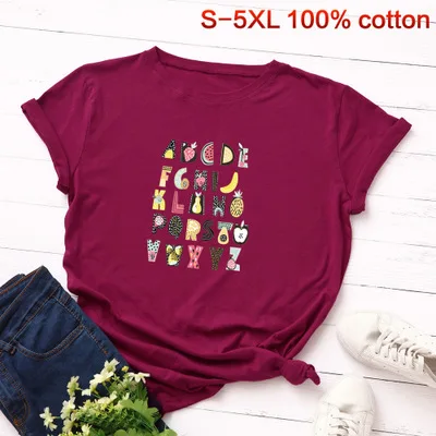 

Funny 26 Alphabets Print Women T Shirt Cartoon Fruit Graphic Basic Tee Harajuku Short Sleeve Ladies Loose Tops Oversized Tshirt