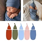 Спальный мешок для новорожденных, однотонное Пеленальное Одеяло, пеленка для сна муслиновая повязка + шапочка, комплект из 2 предметов для новорожденных