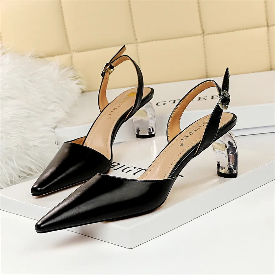 

Korean Concise Soft Leather Back Strap Women Sandals Summer Pointy Toe Crystal Heels Shoes Woman Buckle Shallow Sexy Party Pumps