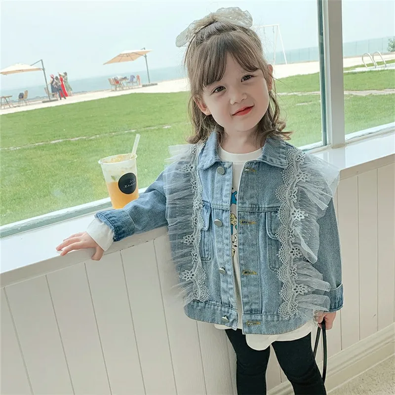 

Baby Girl Denim Jacket 2021 Spring Autumn Fashion Kids Mesh Outwear Coat Korean Long Sleeve Children Casual Clothing 2-7T