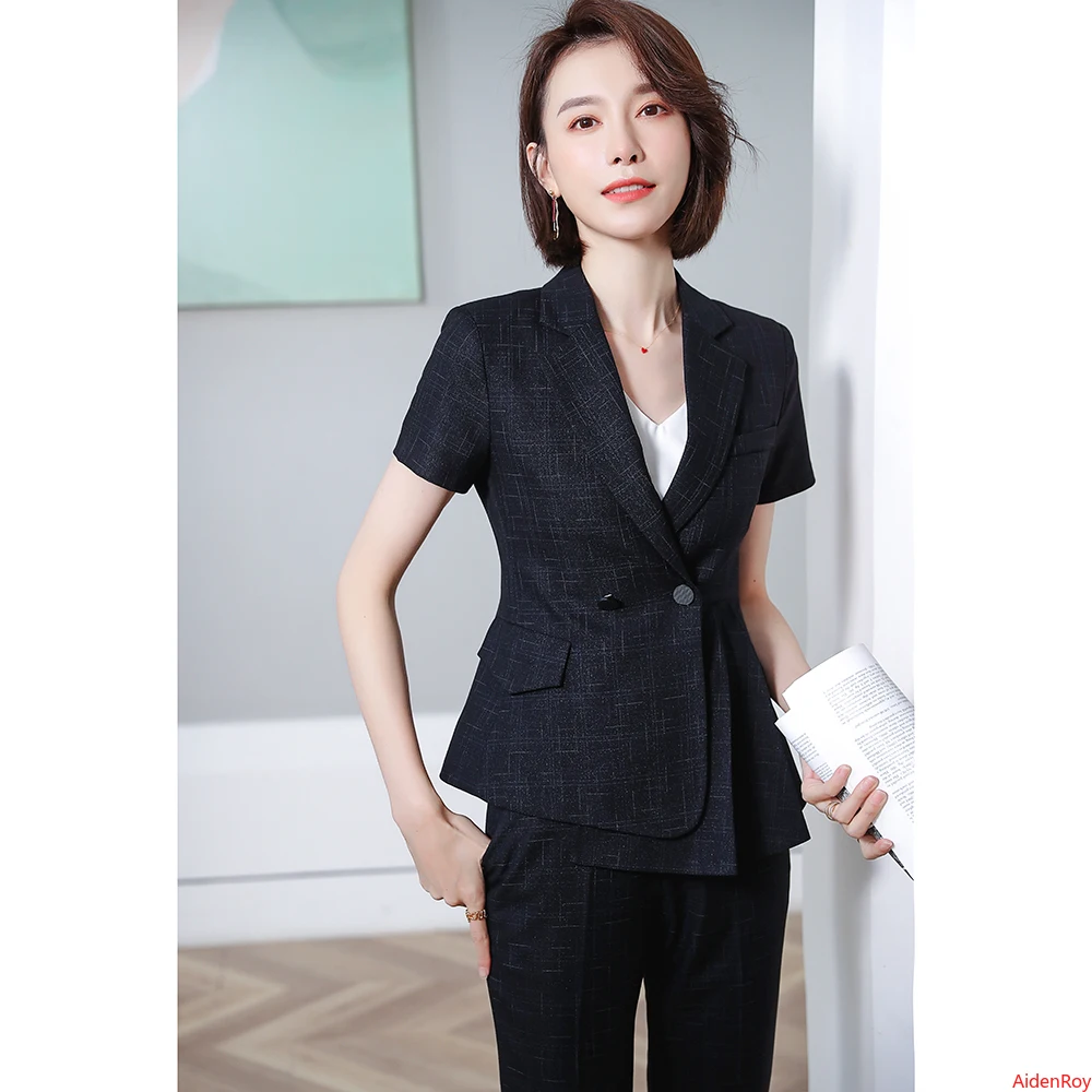 Женский офисный костюм в черную и синюю клетку дизайнерский брючный пиджак с