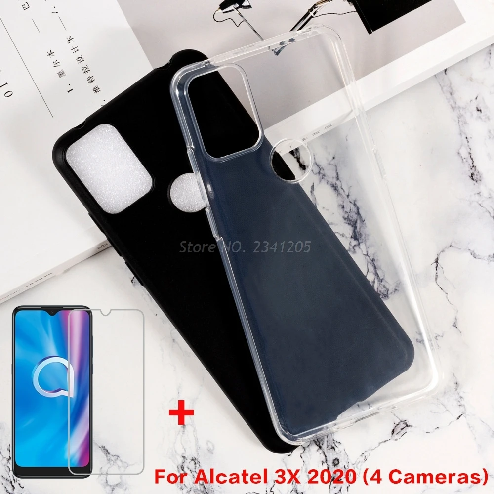 Soft Black TPU Case Cover For Alcatel 1S 2020 5028Y 1SE 3L 3X 2020 (4 Camera) Etui with Tempered Glass For Alcatel 1S 1L 3L 2021
