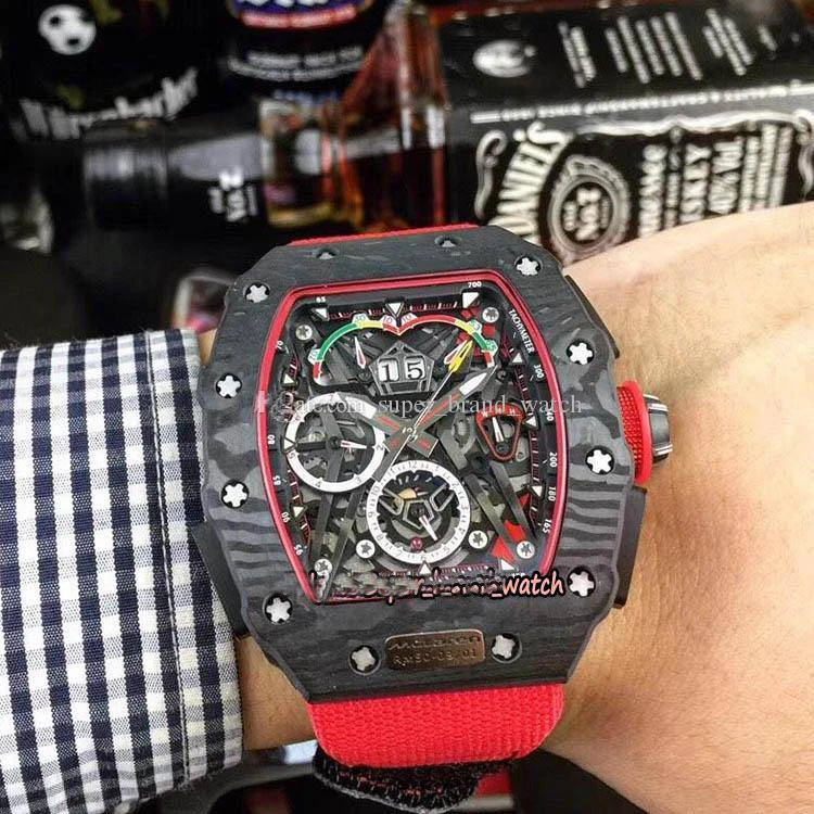 

Classic New Black Men Watch Sapphire Automatic Mechanical Limited Flyback Carbon Fiber Red Canvas Leather Rubber Wristwatch