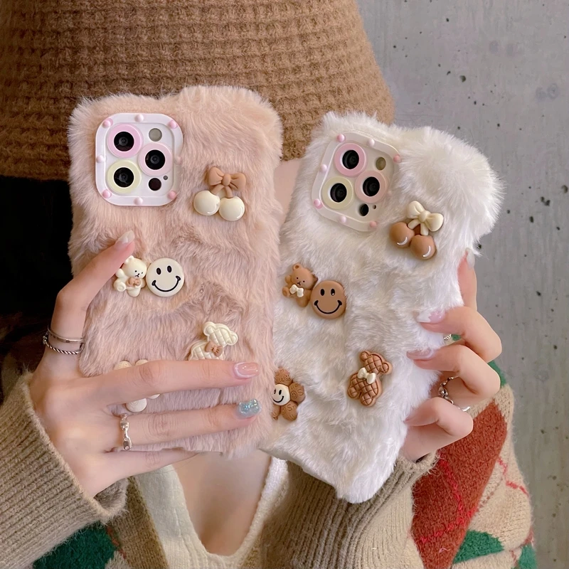 

3D Cute Bear Smile Soft Furry Phone Case For iPhone 13 12 11 Pro Max Capa Winter Warm Plush Cover For 7 8 Plus X Xs Max Xr Funda