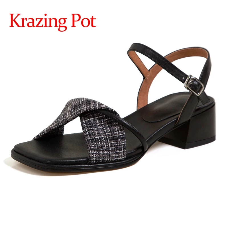 

lenkisen genuine leather med heels gentlewomen European style British school dress daily wear buckle straps sandals women L32