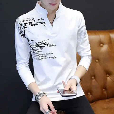 

Spring and Autumn Men's Long-Sleeved T-shirt Cotton V-neck Thin Bottoming Shirt All-Matching Shirt Top Clothes Outer Wear