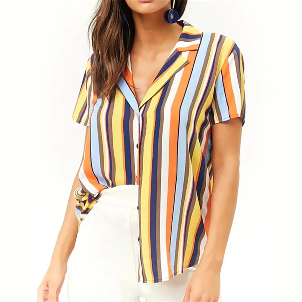 

2020 New Fashion Striped Women Blouses Short Sleeve Turn-down Collar Chiffon Blouse Shirt Casual Tops Plus Size Work Shirt