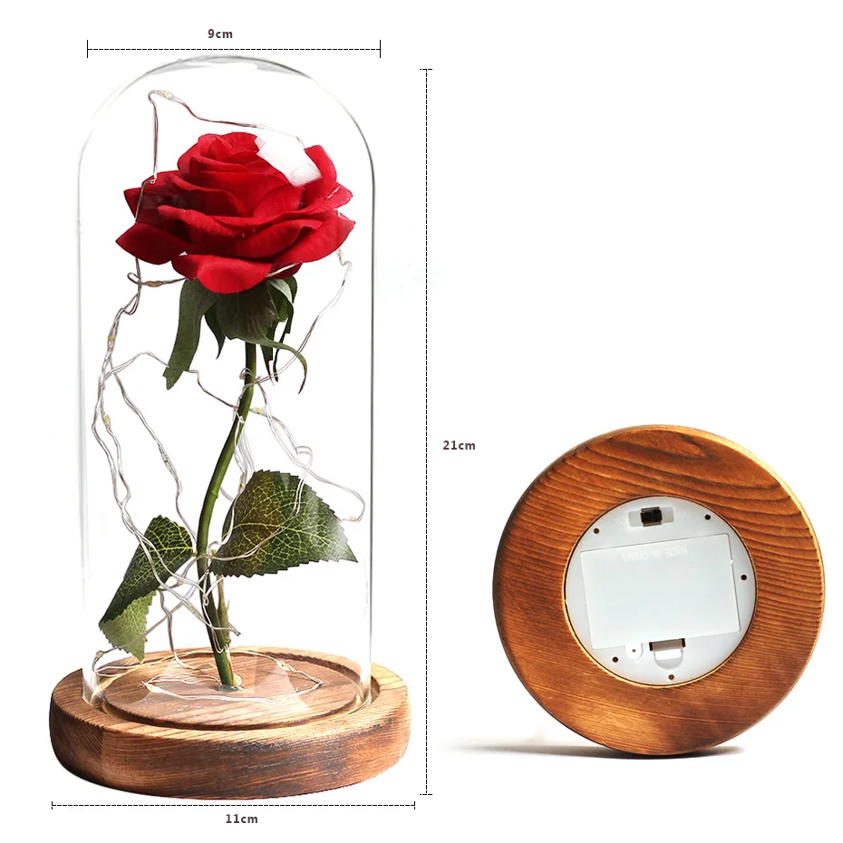 

Dropshipping Beauty And The Beast Red Rose In A Glass Dome With LED Light Wooden Base For Valentine's Christmas Day Gift