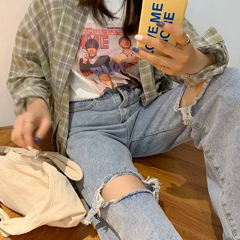 Джинсы женские с дырками модные однотонные повседневные универсальные простые