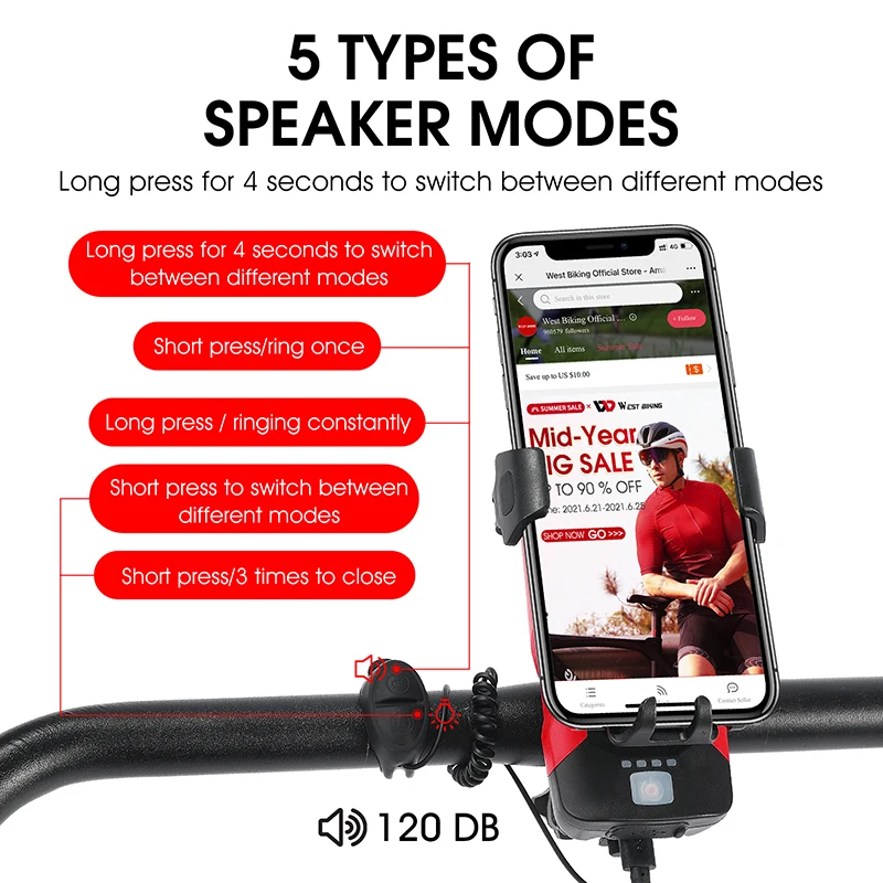 west biking usb rechargeable bike light bicycle horn bell power bank phone holder multifunctional led lamp cycling accessories free global shipping
