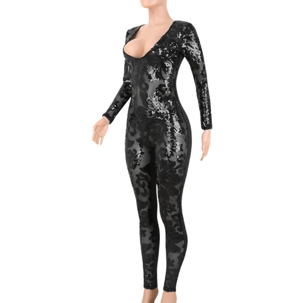 

Kancoold jumpsuit Women's Fashion Solid Sequin Playsuit Long Sleeve Slim Long Mesh Splice Jumpsuit new women jumpsuit 2020Apr1
