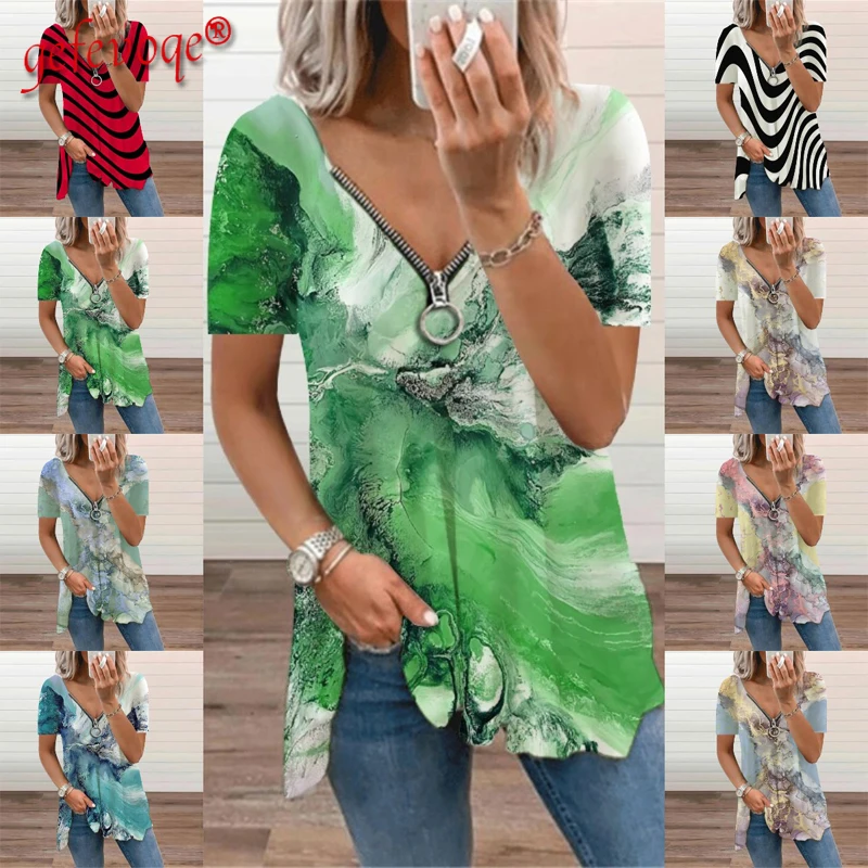 

2021 Summer Women's Clothing Short Sleeve Stripes 3D Printing Top Camouflage Zipper V-neck T Shirt Casual Pullover Tees Femme