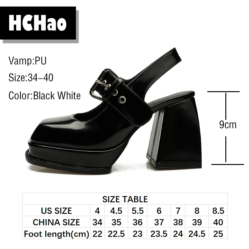 

Summer Women's Pumps PU Square Heel Height 9 Cm Platform Mary Janes Slingbacks Big Buckle Black White Women's Shoes