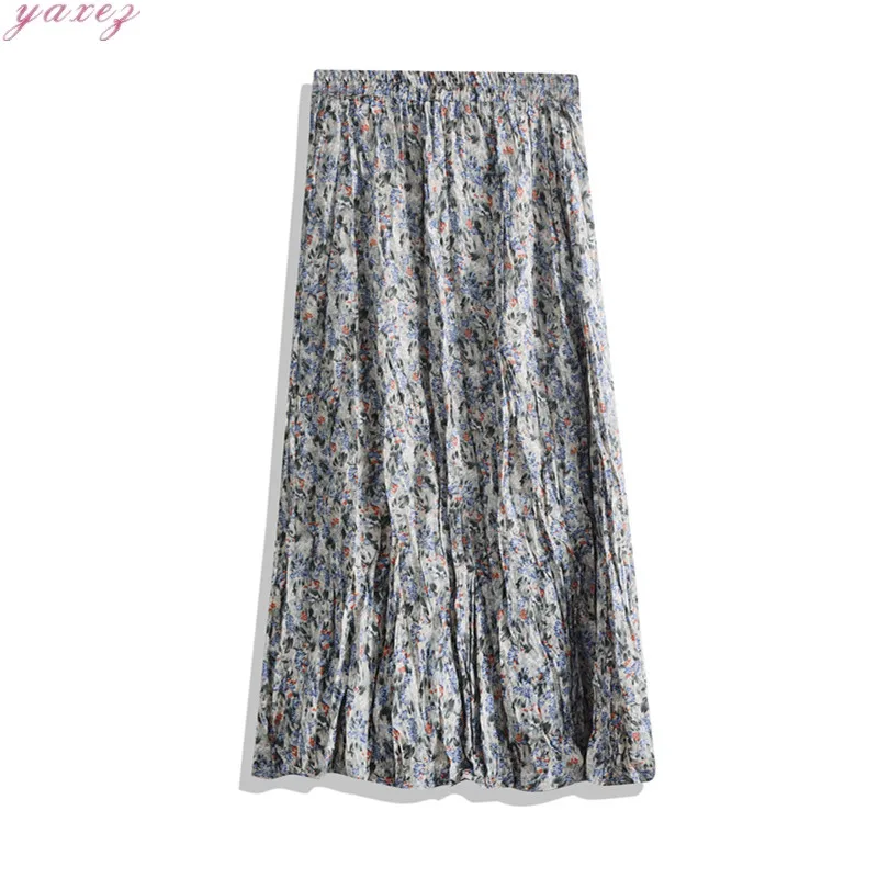 

Floral Print Long Skirt Female High Waist Elastic Chiffon Womens Pleated Skirts Women Mid-length Summer Holiday Skirt Clothes