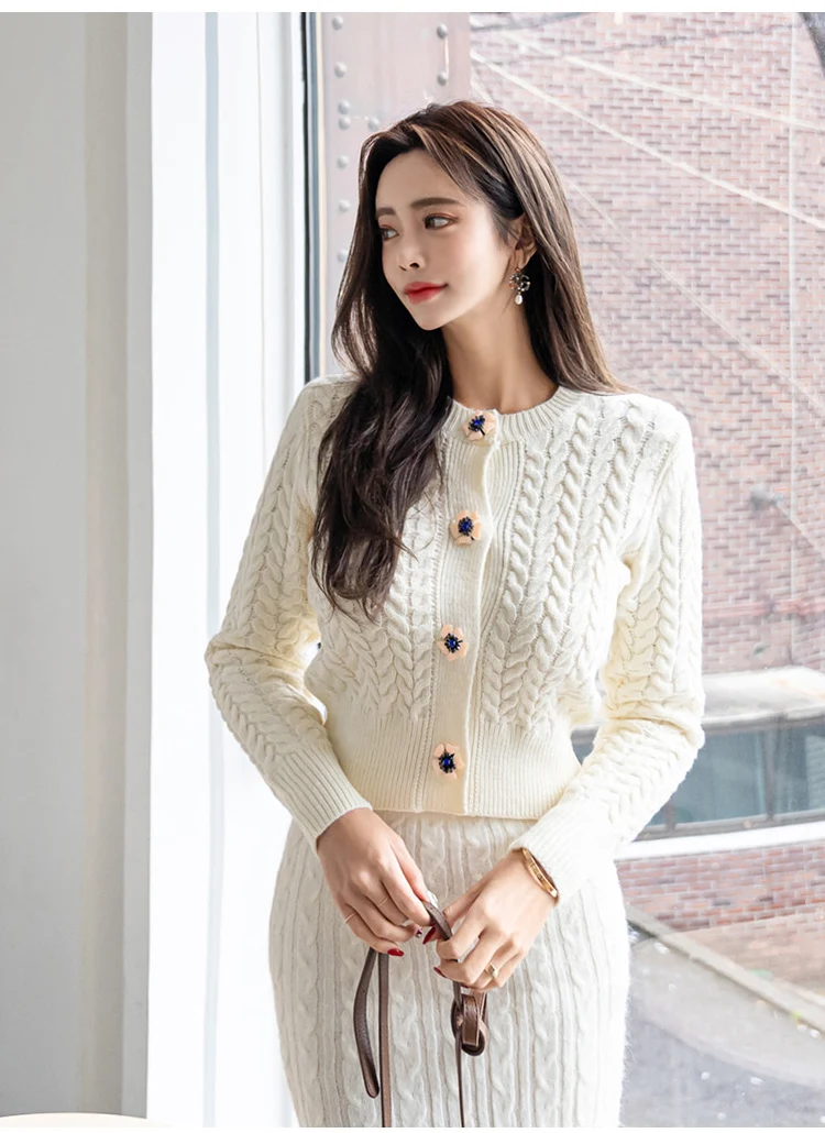 

Autumn Winter Casual Knitted Single Breasted Two Piece Set Women Outfits Long Sleeve O-Neck Sweater Cardigan Skirt Sets 2020