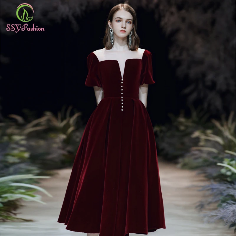 Женское вечернее платье SSYFashion элегантное винтажное велюровое винного цвета для