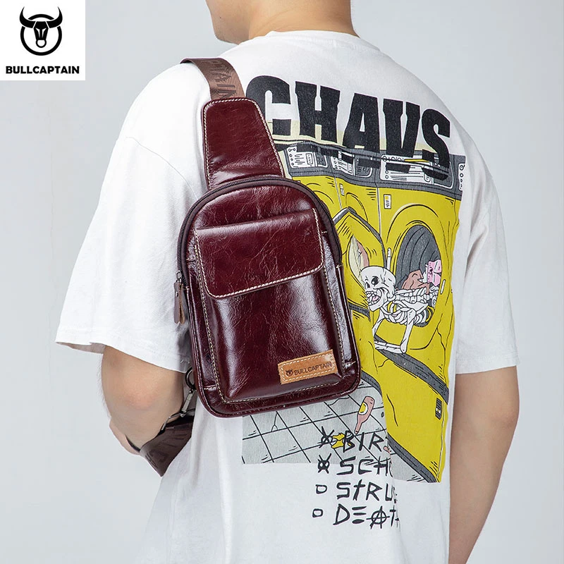 BULLCAPTAIN men's first layer cowhide chest bag leather casual messenger shoulder sports fashion personality men's chest bag