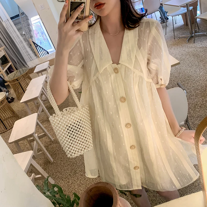 Летнее женское свободное платье милое до колен из органзы абрикосового и