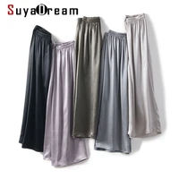 suyadream silk solid long pants women 100real silk satin elastic waist wide leg pants 2021 spring chic trousers