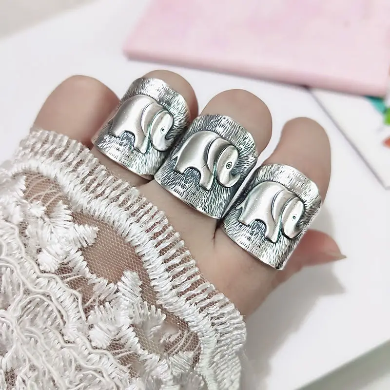 

S925 silver retro Thai handmade original elephant shape without mosaic opening adjustable women's ring