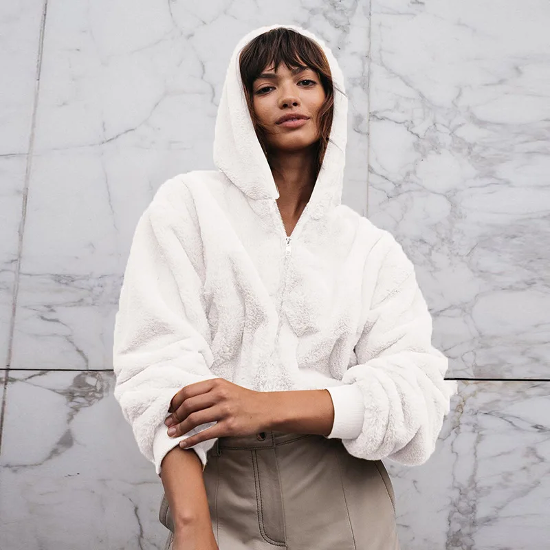 

2020 Winter Women Wool Hooded Coat Warmer Casual Long Sleeve Zip Up Plush Soft Female Loose Jackets Outerwear White Color