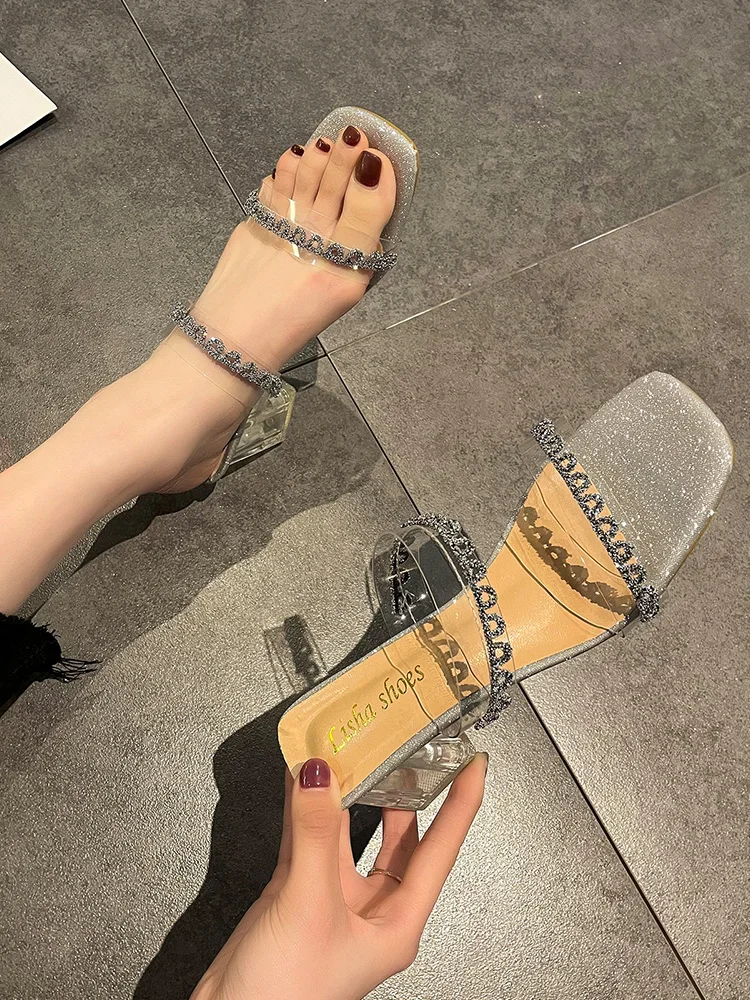 

Retro Woman Shoes Sandals Elastic Band Square Toe Suit Female Beige Med Summer Heels All-Match Original Slip-on 2021 Rhinestone
