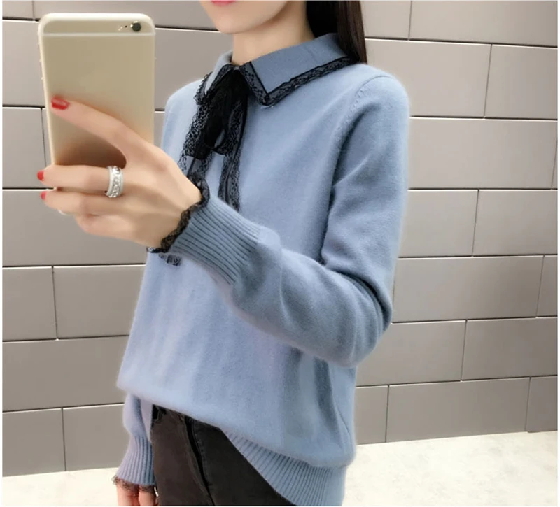 Laides Sweet Solid Sweater Chic Lace Patchwork Knitting Pullovers Turn-dowm Collar Up Knitted Ladies Causal | Женская одежда