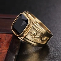 mens vintage square black stone rings carved dragon pattern gold tone stainless steel ring business office party gifts for him