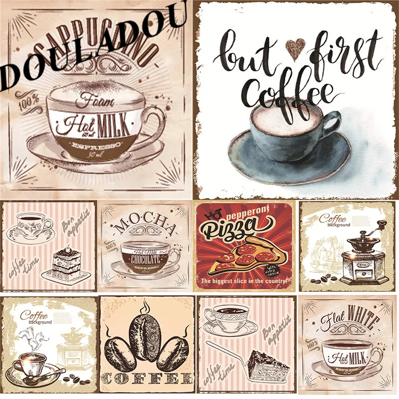 

[Douladou] Cafe Shabby Chic Coffee Vintage Metal Tin Signs Afternoon tea snack Custom Metal Painting Bar Decor Poster 30x30CM