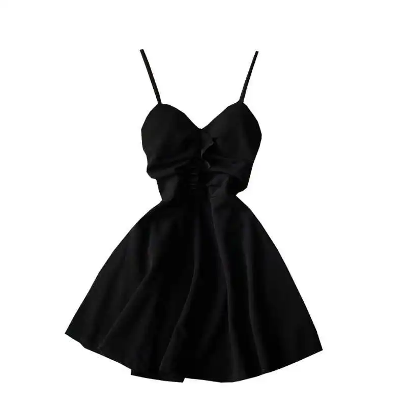

Women A-line Sexy Dress V-Neck Strap Backless Mini Dresses Soild Color Slim Trend 2020 High Waist For Party