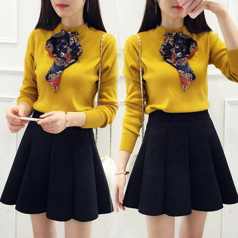 

2021 New Woman High Quality Knit Skirt 2 Piece Set Female Knitted Bow Sweater Top and Elastic Waist Skirt Elegant Lady Suit Q258